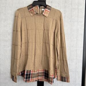 Foxcroft twofer layered sweater beige texture knit top Tartan Plaid sz PXL